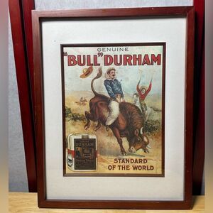Vintage “Bull” Durham Framed Advertisement with Bull & Cowboy (19”x15”)
